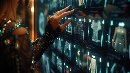 Wall Mural - Illustrate a close-up of a user's hand swiping through an array of chic outfits and accessories on a digital touchscreen