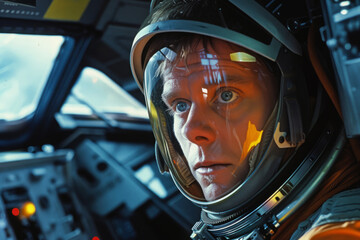 Wall Mural - Scene from retro sci-fi series, character in futuristic props explore the unknown aboard vintage spacecraft. Nostalgia concept with person wearing retrofuturistic costume