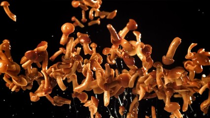 Poster - Pickled mushrooms fly up and fall down. Filmed on a high-speed camera at 1000 fps. High quality FullHD footage