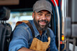 © ADDICTIVE STOCK - Cheerful truck driver smiling in his vehicle Generative AI image