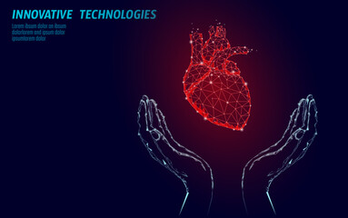 hands holding support human heart. medicine cardiology health help man concept. low poly connected d