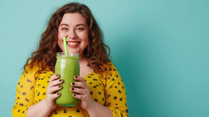 Wall Mural - smiling young curvy overweight woman holding a glass with smoothie on a color background, beautiful girl, healthy eating, drink, fruit cocktail, fresh juice, portrait, lifestyle, weight loss, detox