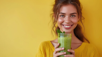 Wall Mural - smiling young woman holding a glass with smoothie on a color background, beautiful girl, healthy eating, drink, fruit cocktail, freshly squeezed juice, portrait, lifestyle, weight loss, detox, banner