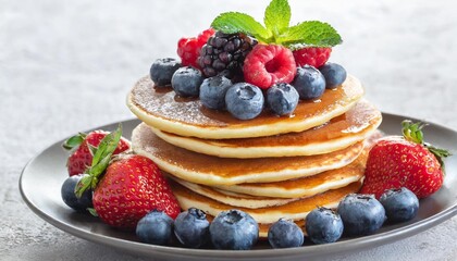 Wall Mural - berry topped pancakes stack isolated