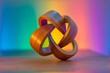 Wooden sculpture resembling a trefoil knot with a colorful background