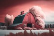 red barn with a pastel backdrop