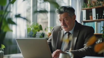 Wall Mural - Businessman using laptop computer in office. Happy middle aged man, entrepreneur, small business owner working online.