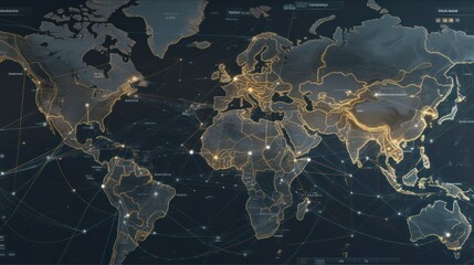 technology network world map on blue background, global communication network concept