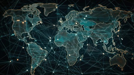 technology network world map on blue background, global communication network concept