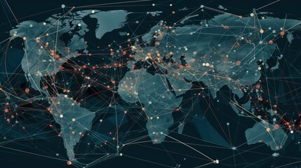 technology network world map on blue background, global communication network concept