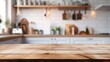 © Eric - Empty beautiful wood table top counter and blur bokeh modern kitchen interior background in clean and bright
