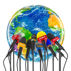 Wall Mural - International press conference, broadcasting or interview concept. Microphones of different mass media with Earth Globe, 3D rendering isolated on transparent background