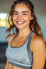 Canvas Print - Smiling athletic young women standing together and posing in a fitness studio