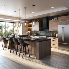 Canvas Print - Modern kitchen with large island and stainless steel appliances