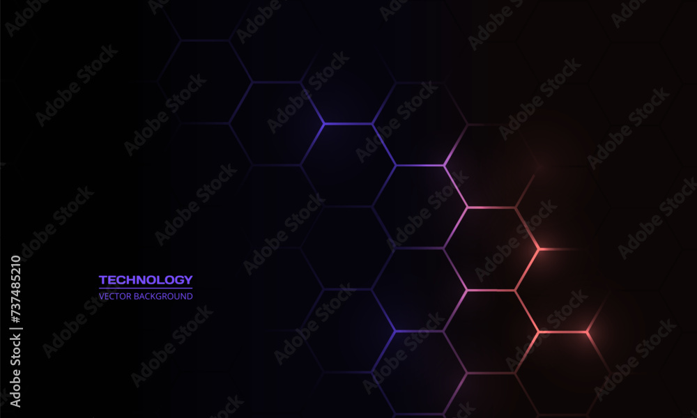 Dark hexagon abstract technology background with violet and peach ...