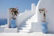White Stairs Leading to a Mediterranean Terrace in Oia, Santorini: A Greek Island Escape