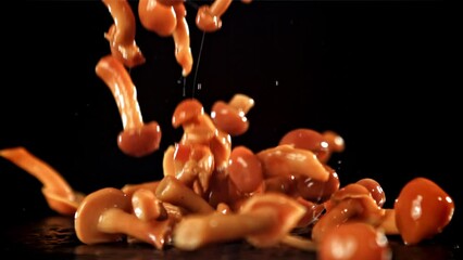 Poster - Drop pickled mushrooms with splashes. Filmed on a high-speed camera at 1000 fps. High quality FullHD footage