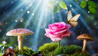 fantasy magical mushrooms and butterfly in enchanted fairy tale dreamy elf forest with fabulous fairytale blooming pink rose flower on mysterious nature background and shiny glowing moon rays in night