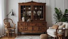 Antique Wooden Hutch And Carefully Placed Accessories Enhancing A White Living Room Interior.
