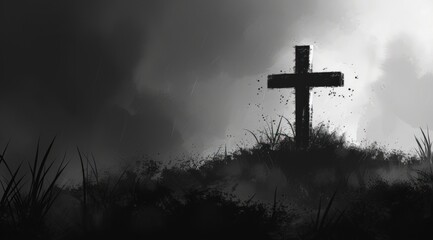 Wall Mural - a cross sitting on the grass near a fog