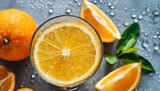 Fototapeta Kuchnia - orange slices with water drops under glass summer lemonade cocktail orange drink flat lay top view