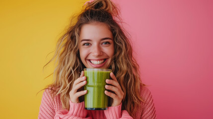 Wall Mural - smiling young woman holding a glass with smoothie on a color background, beautiful girl, healthy eating, drink, fruit cocktail, freshly squeezed juice, portrait, lifestyle, weight loss, detox, banner