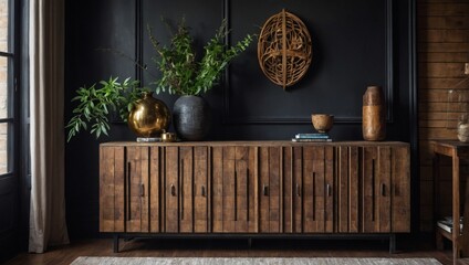 Distressed wooden sideboard with carefully chosen accents, creating visual interest in the living room.