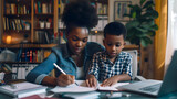 African american mother doing homework with her son. Black mum helping kid to learn and study for school. Family portrait. 