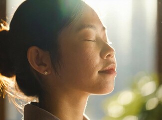 Sticker - Serene Asian Woman in Sunlit Room Practicing Mindfulness. A tranquil image woman with closed eyes