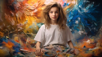 Wall Mural - a young artist girl painting with long hair is surrounded with paints