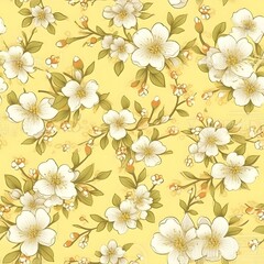  create a high-quality noble blossom pattern with little single blossoms, only blossoms, light background, use white and pantone yellow
