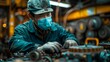 © Raptecstudio - A man in a mask and gloves working on a machine in a factory for mass production