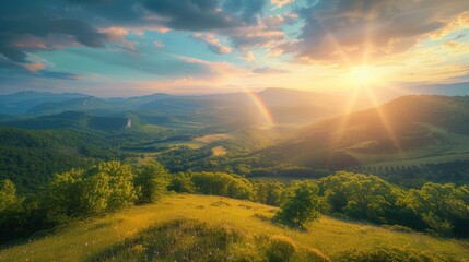 Vibrant rainbow stretching across a picturesque valley, framed by rolling hills and illuminated by the sun