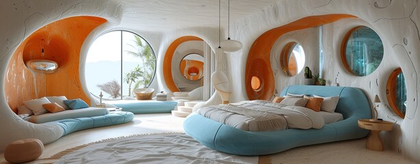 Wall Mural - The interior of a modern hotel room with a double bed and a round window overlooking the sea