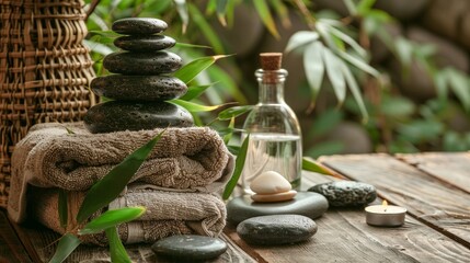  peaceful spa still life composition with neatly stacked stones and a vibrant bamboo leaf, symbolizing harmony and natural balance