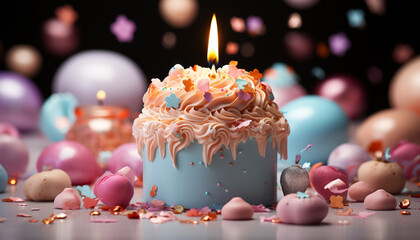 Sticker - Birthday celebration with a candle lit gourmet chocolate cupcake and confetti generated by AI