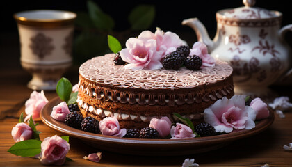 Wall Mural - Homemade chocolate cheesecake with fresh raspberry and strawberry decoration generated by AI