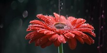 High-speed Cinema Shot Of A Water Droplet Falling On A Red Gerbera Blossom