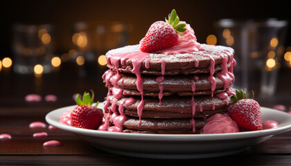 Wall Mural - A homemade gourmet dessert stack of chocolate pancakes with fresh berries generated by AI