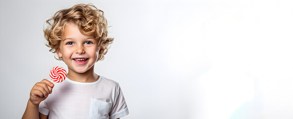 Little boy smiling holding a lollipop in his hand.