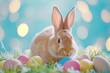 Happy Easter Eggs Basket Ivory. Bunny in flower easter swirling patterns decoration Garden. Cute hare 3d Vibrant easter rabbit spring illustration. Holy week lettuce card wallpaper hellebores