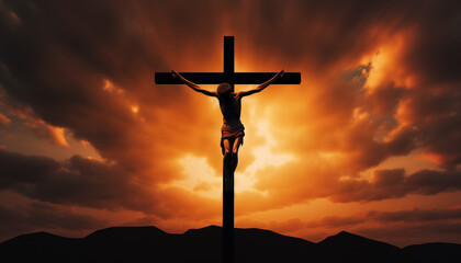 Wall Mural - Image of the Crucifixion in Holy Week. Silhouette of Christ on the cross during sunset, on Good Friday