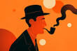canvas print picture - man in hat and smoking pipe standing in front of orange background