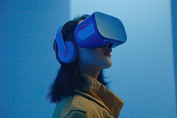 A person wearing blue virtual reality glasses, a futuristic and immersive technology experience.