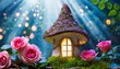 magical fantasy elf or gnome mushroom house with window in enchanted fairy tale forest fabulous fairytale blooming rose flower garden and fire flies on mysterious blue background moon rays in night