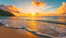Peaceful Nature Scenic Relax Paradise Amazing Closeup View Of Calm Ocean Bay Waves With Orange Sunrise Sunset Sunlight Tropical Island Vacation Holiday Beach Landscape Exotic Sea Shore Coast