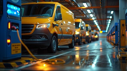 Yellow electric cargo bus charging station at night. Electro vehicle charging station. Low angle view.