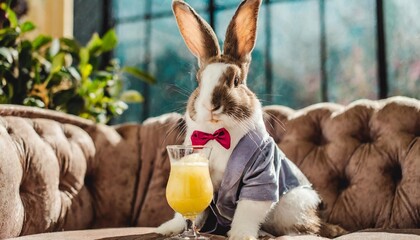 Wall Mural - photo of easter bunny in a velvet suit on a luxury couch with a cocktail pastel colors