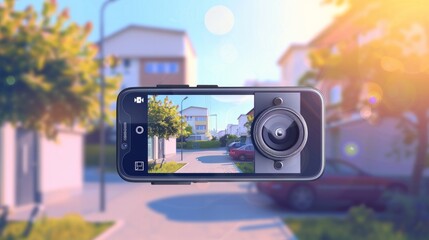 Phone screen's camera interface, complete with photo and video options like a viewfinder, grid, focus controls, capture, and record buttons. Allowing easy mobile camera recording for photography