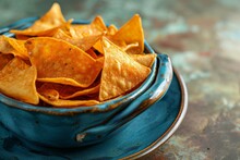Crunchy Spicy And Salty Mexican Nachos Served On A Blue Ceramic Bowl With Handles